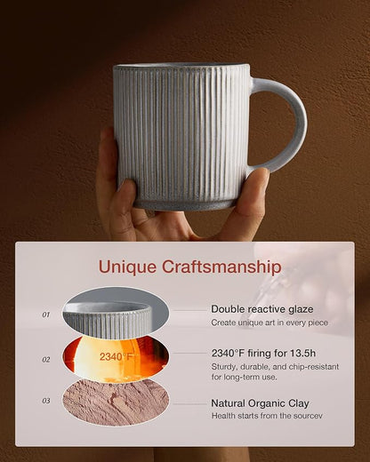 famiware Coffee Mug Set for 4, Star 12 oz Catering Mugs Cup Set with Handle for Coffee, Tea, Cocoa, Milk - Ceramic Stoneware Drinkware Set, Matte Grey
