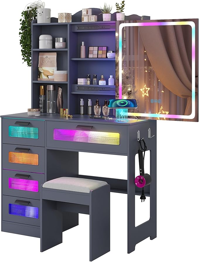 Vanity Desk with Lights and Sliding Mirror, Makeup Vanity Desk with Charging Station, Vanitys Dressing Table with Stool,LED Vanity Set with Large Drawers&Shelves for Bedroom, Decor, Grey