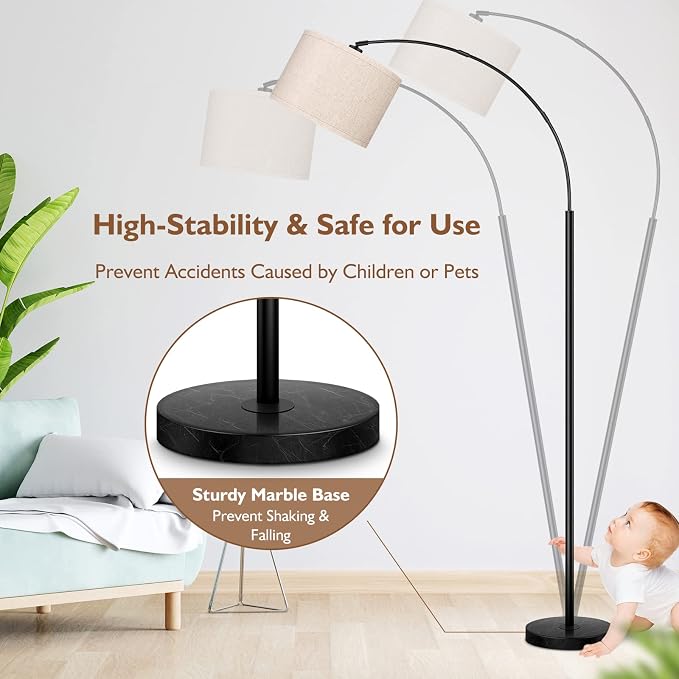 79'' Arc Floor Lamps for Living Room, Modern Standing Lamp with Adjustable Hanging Drum Shade, Black Tall Pole Lamp with Weighted Base & Edison E26 Socket, Corner Light for Reading Bedroom Office
