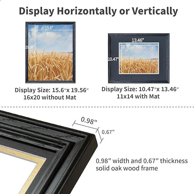 16x20 Picture Frame for Wall Hanging Solid Oak Wood, 11x14 Picture Frame with Mat,16x20 Premium Photo Frame with Real HD Tempered Glass,Ideal for Home Decor, Art Gallery,Black, 1 Pack