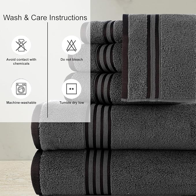 CASA COPENHAGEN Zero Twist, 6 Pieces Set 100% Cotton 0" Twist Towel Set- Pine Grey, 600 GSM, 2 Bath, 2 Hand, 2 Washcloths Made from Egyptian Cotton, Ultra Soft Luxury Towels for Bathroom.