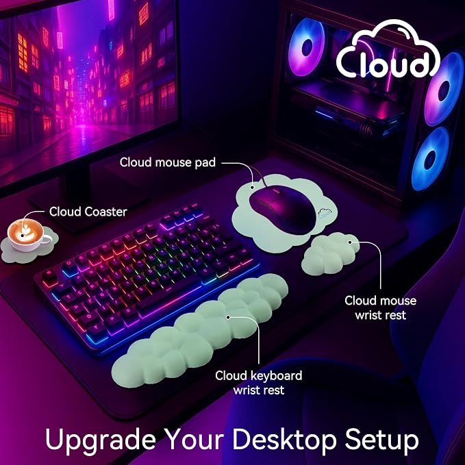 Cloud Wrist Rest for Computer Keyboard, 4-in-1 Memory Foam Leather Cloud