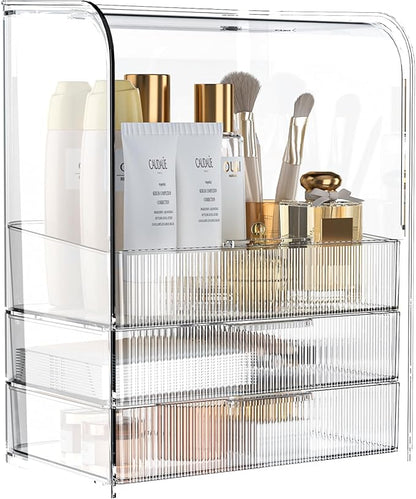 GearFusion 3 Tier Clear Cosmetic Organizer, Makeup Display Case with Lid & Drawers, Countertop Dresser Vanity Storage Box, Beauty Holder for Skincare Lipstick Brush