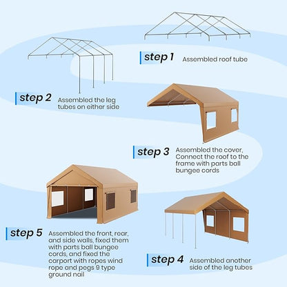 Carport 10x20 Heavy Duty Portable Garage,Carport Canopy with Roll-Up Windows & Doors,Portable Garage and Shelter with Removable Sidewalls,Car Tent Garage with All-Season Tarp for Lawnmower Bike Truck