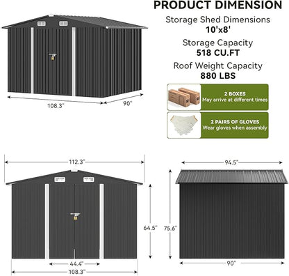 COMHOMA Shed Outdoor Storage Shed Metal,Lockable Doors Tool Sheds with Sloping Roof,Steel Garden Shed with Air Vent for Backyard,Patio,Lawn,Poolside (Grey, 10'*8')