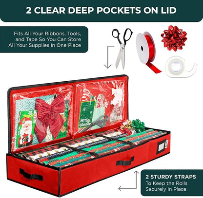 HOLDN’ STORAGE Premium Wrapping Paper Storage Container - Durable 600D Tear-Proof, Fits 27 Rolls Gift Wrap, Extra Pockets for Ribbons & Bows, Underbed Storage - Ideal for Holiday Christmas, Red