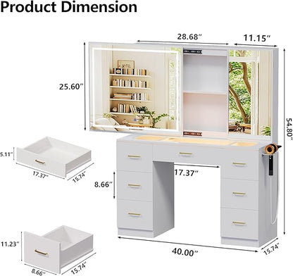 Glass Top Vanity Desk with Large Mirror and LED Lights,White Vanity with 2 Hidden Storage Mirror Cabinets,Dressing Table with Power Outlet&7 Drawers for Women/Girls,Makeup Organizer Countertop
