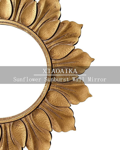 Sunflower Sunburst Wall Mirror, 22" Distressed Gold Wooden Frame, Handcrafted Petal Floral Design, Vintage Farmhouse Style Mirror for Wall Decor for Living Room, Bedroom, Bathroom, Vanity