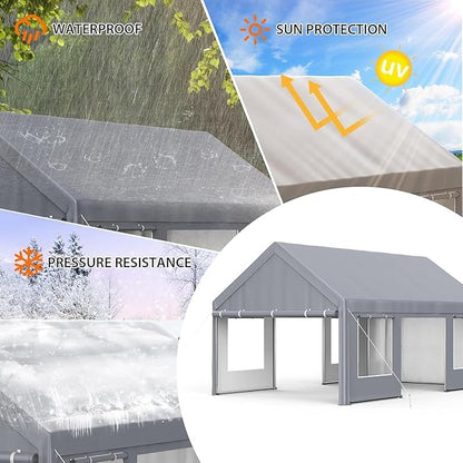 Garvee 13x20 ft Heavy Duty Carport, Extra Large Galvanized Steel Car Canopy with All-Season Tarp Cover, 4 Roll-Up Doors & Mesh Windows, Portable Garage Shelter for Car, Truck, SUV, Boat, Grey