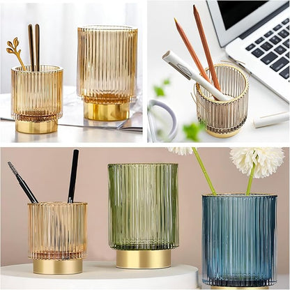 DASITON Makeup Brush holder Organizer,Crystal Cosmetic Makeup Brush Glass Brushes Storage Holder, Vintage Make Up Brush Cup Pen Pencil Holder striped vase(Coffee S)