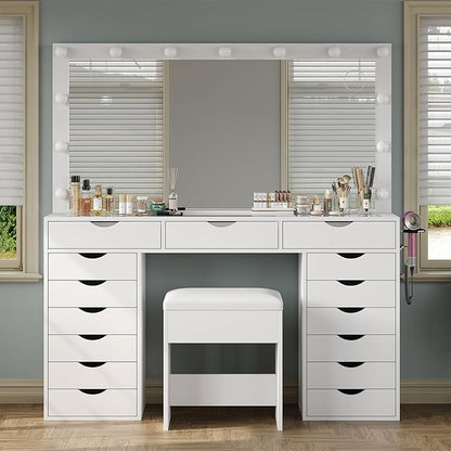 Vanity Desk with Mirror and Lights, Makeup Table with Charging Station, 3 Color Lighting Modes, 15 Drawers Dressing Table, Vanity with Chair for Bedroom, White