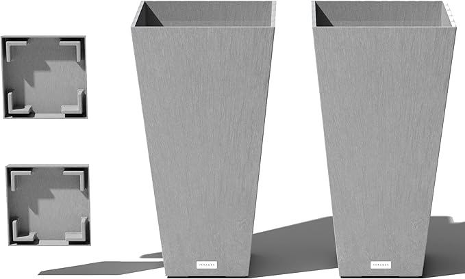 Veradek V-Resin Indoor/Outdoor Taper Planter (Gray, 26 inch - 2 Pack with 2 Saucer Trays)