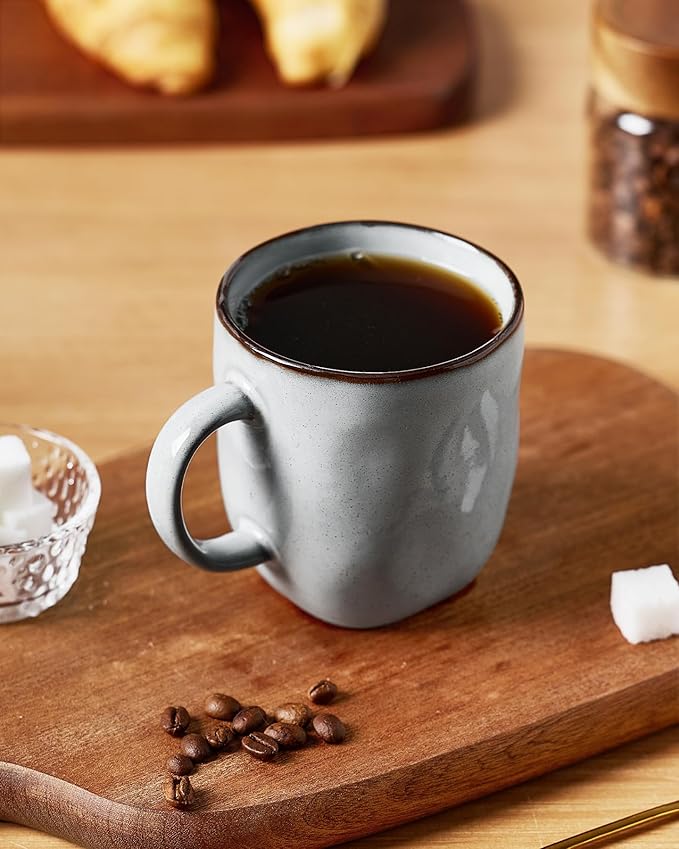 famiware Coffee Mugs Set of 4, Ocean Square 13oz Coffee Cup Set with Handle for Cocoa, Milk, Hot Chocolate, Tea, Water, Stoneware Cups for Kitchen, Microwave and Dishwasher Safe, Grey