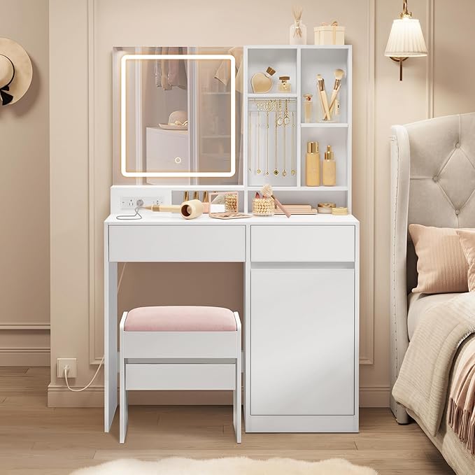 VASAGLE KAILYN Collection - 35.4-Inch Wide Vanity Desk with Mirror and Lights, Power Outlets, Vanity Table Set with Stool, Jewelry Storage, Adjustable Shelves, for Bedroom, Cloud White URDT132W02