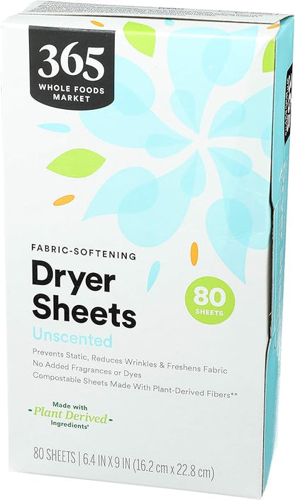 365 by Whole Foods Market, Dryer Sheets Fabric Softener Unscented, 80 Count (Pack of 2)