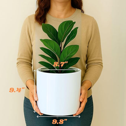 Fox & Fern Large Indoor Planter, Modern Large Plant Pot for Indoor or Outdoor, UV and Frost Resistant - 10 Inch, Fiberstone, Glossy White Flower Pot with Drainage Plug, Lightweight