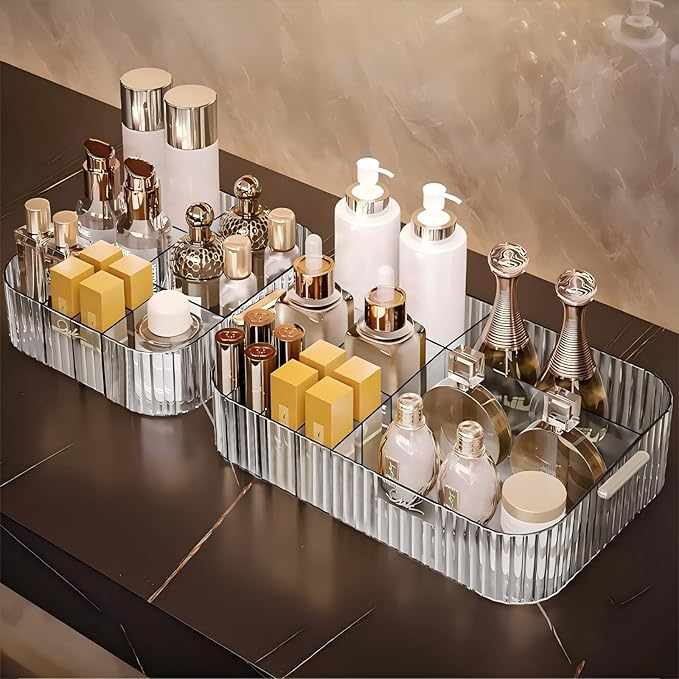 DASITON Large Capacity Makeup Organizer,12 Slots Makeup Brush Holder,Makeup Storage with Handle,Vintage Striped Cosmetic Organizer for Bathroom Countertops,Desk Storage Container(Clear)