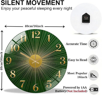 16 Inch Green Sunburst Glass Wall Clock Silent Art Decor | Silent glossy clock with an emerald green sunburst and gold numbers, elegantly tracking time for your living room