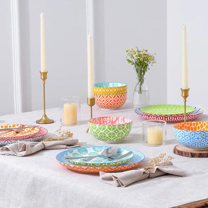 Selamica Ceramic Plates and Bowls Sets,24 Pieces Dinnerware Sets for 8,Scratch Resistant Dish Set for family gathering,Dishwasher & Microwave Safe, Assorted Colors