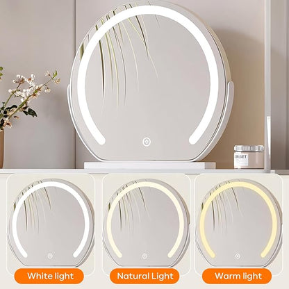 Solid Wood Vanity Desk, Modern Makeup Vanity with Drawers & Rock Slab Countertop and LED Light Mirror, Simple Dressing Table with Makeup Stool for Bedroom (White)
