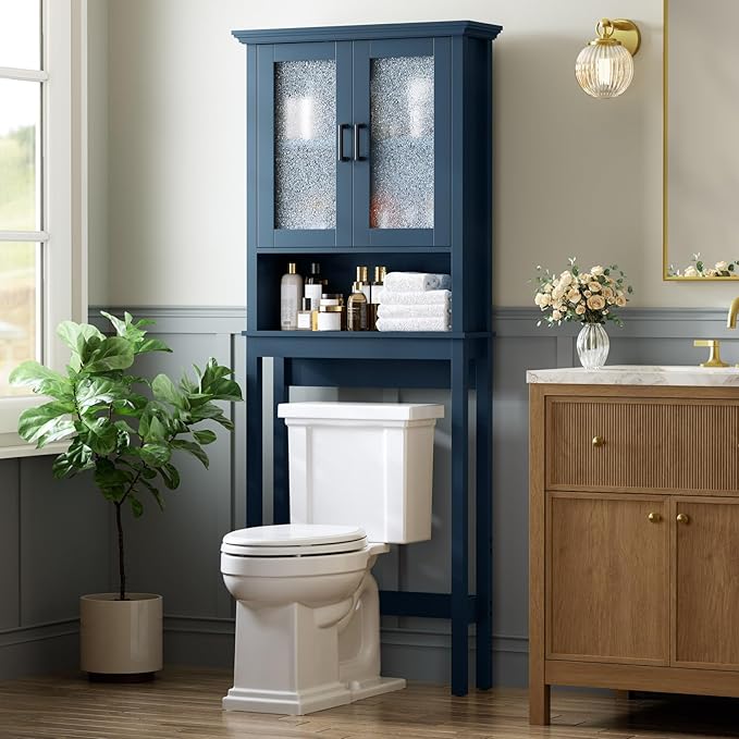 Over The Toilet Storage Cabinet, Over Toilet Storage Bathroom Cabinet with Glass Door and Adjustable Shelf, Above The Toilet Cabinet Behind Toilet Bathroom Organizer, Ultramarine