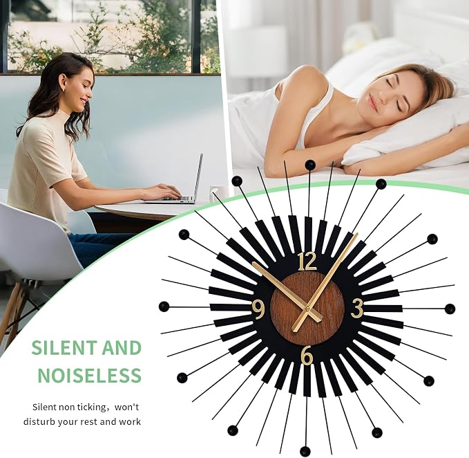22 Inch Modern Sunburst Wall Clock Battery Operated, Black Metal Radiating Design with Walnut Wood Center, Silent Quartz Movement, Gold Hands – Decorative Clocks for Living Room, Office, Bedroom
