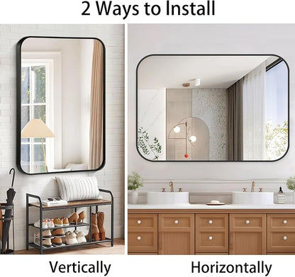 20x30 Inch Black Wall Mirror for Bathroom, Brushed Metal Framed Mirror with Rounded Corner, Rectangle Bathroom Vanity Mirror for Bedroom or Living Room, Horizontal/Vertical