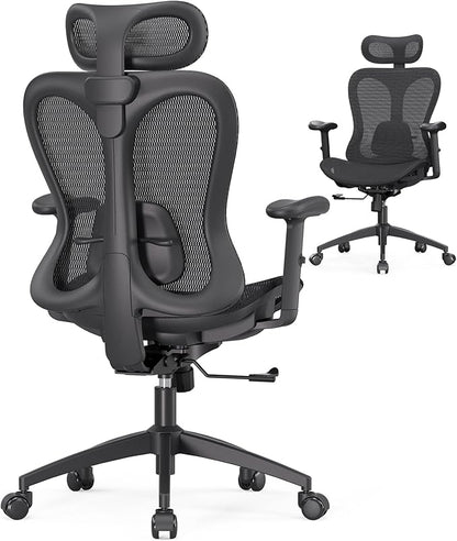 Ergonomic Office Desk Chair, Comfortable Computer Gaming Chair, Breathable Mesh Back & Seat, Adjustable Armrest & Headrest, Lumbar Support, Butterfly Design for Home Office (Black)