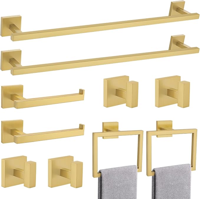TQKAG Brushed Gold Bathroom Hardware Accessories Set 10 Pieces, 23.6" SUS304 Stainless Steel Towel Bar Set Wall Mounted Includes Single Towel Bar, Towel Ring, Toilet Paper Holder, Double Towel Hooks