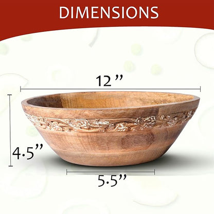 Mela Artisans Wooden Fruit Bowl – Whitewash Finish | Large 12” Mango Wood Serving Bowl with Felt Pads | Decorative bowl | Multipurpose Countertop Bowl for Breads | Salad | Fruit & More