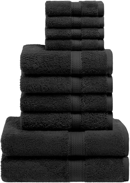 Superior Egyptian Cotton Pile 10 Piece Towel Set, Includes 2 Bath, 4 Hand, 4 Face Towels/Washcloths, Ultra Soft Luxury Towels, Thick Plush Essentials, Guest Bath, Spa, Hotel Bathroom, Black