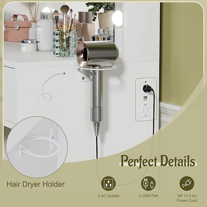 YESHOMY Vanity Desk with Mirror, Makeup Table with 2 Large Drawers, Power Outlet and Round Holder, 3 Color Modes Adjustable Bulb, Bench Included, White