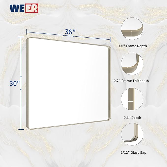 WEER 36X30 Inch Brushed Nickel Bathroom Mirror, Brushed Silver Metal Frame Mirror, Rounded Rectangle Silver Bathroom Vanity Mirror, Tempered Glass, Anti-Rust, Hangs Horizontally or Vertically