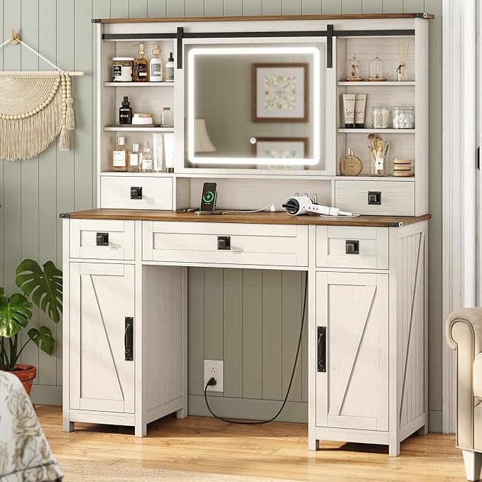 AOGLLATI Farmhouse Makeup Vanity Desk with Lights & Charging Station,Vanity Desk with Mirror and Lights, 47.2” Large Brown Vanity Table with Ample Storage Space and Sliding Mirror (Antique White)