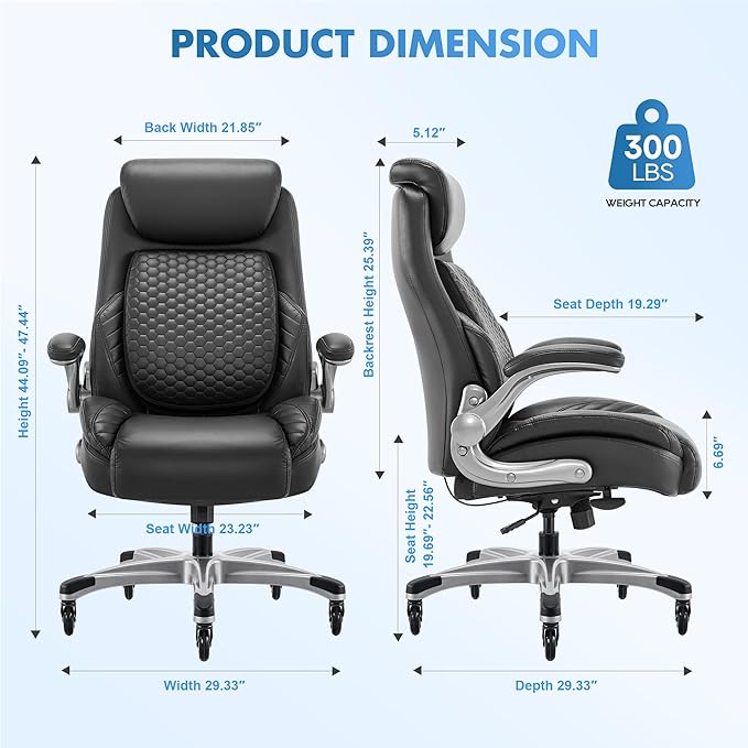 COLAMY Office Chair Ergonomic Desk High Back Executive Chair with Pop-Out Lumbar Support, Upgraded Casters, Adjustable Headrest, Flip-Up Arms, Leather Home with Thick Cushion for Comfort - Black