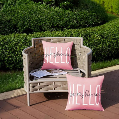 DFXSZ Outdoor Pillow Covers 20x20 Inch Set of 2 Hello Sunshine Decor Pink Waterproof Throw Pillow Covers Summer Outdoor Waterproof Pillow Covers Decor for Patio Funiture Garden Sofa Couch 020F20