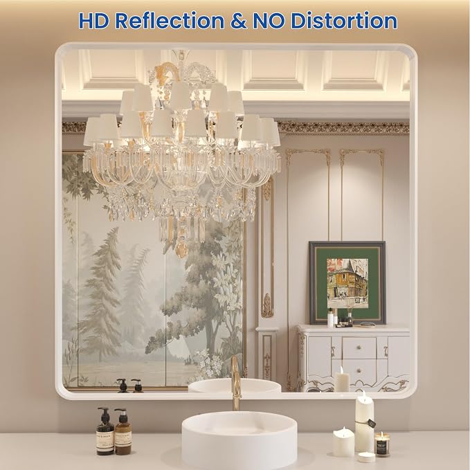 WEER White Bathroom Mirror 36X36 Inch, Rounded Rectangle White Metal Frame Mirror, Matte White Bathroom Vanity Mirror with Tempered Glass, Anti-Rust, Hangs Horizontally or Vertically