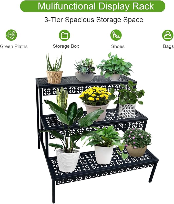 3 Tiers Metal Plant Stand,Rectangular Ladder Flower Pots Outdoor, Indoor Plant Display Rack, Heavy Duty Utility Storage Organizer for Home Garden Patio Balcony, Stair Style