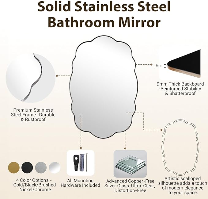 ANDY STAR Brushed Nickel Wavy Oval Bathroom Mirror, 30x40 Inch Silver Scalloped Mirror for Bathroom, Unique Irregular Wall Mirror with Sophisticated Curved Design