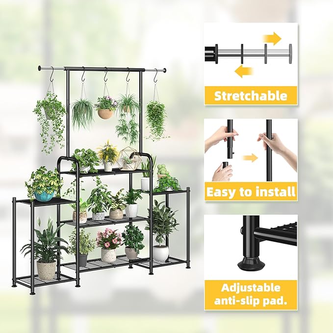 Simple Trending Plant Stand Indoor Outdoor, Metal 3 Tier Tall Hanging Plant Shelf for Multiple Flower Planter Large Heavy Duty Ladder Plant Holder for Garden, Black