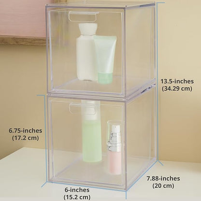 STORi Audrey Stackable Bin Clear Plastic Organizer Drawers | 2 Piece Set | Organize Cosmetics and Beauty Supplies on a Vanity | Made in USA