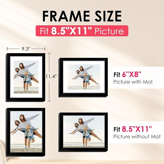 FIXSMITH 8.5x11 Picture Frame, Black Photo Frame with HD Plexiglass, Display Pictures 6x8 with Mat or 8.5x11 Without Mat, Picture Frames Collage for Tabletop or Wall Display, 1 Pack