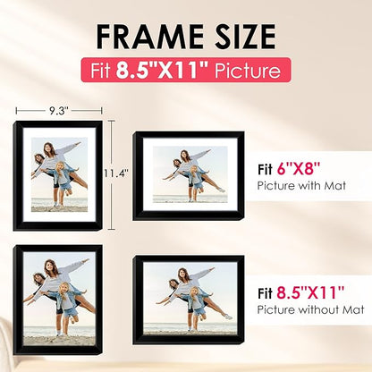 FIXSMITH 8.5x11 Picture Frame, Black Photo Frame with HD Plexiglass, Display Pictures 6x8 with Mat or 8.5x11 Without Mat, Picture Frames Collage for Tabletop or Wall Display, 1 Pack