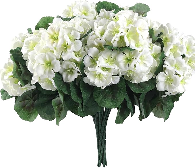 Hananona Artificial Geranium Flowers for Outdoors Geranium Silk Flowers Outdoor UV Resistant Garden Plants Faux Flowers for Home Kitchen Table Centerpieces Decor (12, White)