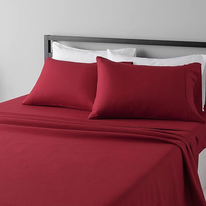 Amazon Basics Lightweight Super Soft Easy Care Microfiber 4-Piece Bed Sheet Set with 14-Inch Deep Pockets, King, Burgundy, Solid