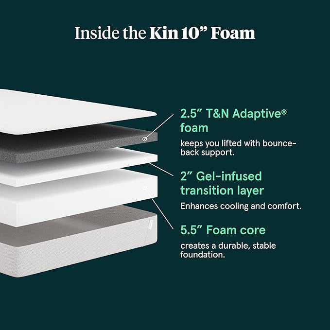 Kin By Tuft & Needle Medium Firm 10" Queen Adaptive Foam Mattress in a Box, Cooling Pressure Relief, Balanced Support, 100 Night Trial, Fiberglass-Free, CertiPUR-US, 10-Year Limited Warranty