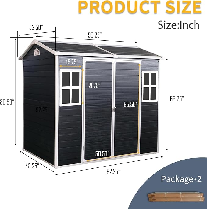 8x4 FT Outdoor Storage Shed, Resin Garden Shed with Thick Floor, Plastic Storage Shed with 2 Windows, Waterproof Outside Tool Shed with Lockable Hinged Doors for Backyard, Patio, Lawn, Black