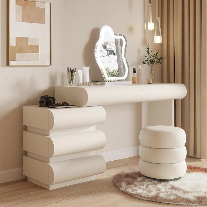 Makeup Vanity Desk with Lighted Mirror and Stool, Faux Leather Upholstered Finish, Modern Dressing Table with 5 Drawers for Bedroom and Makeup Room, Easy Assembly, White