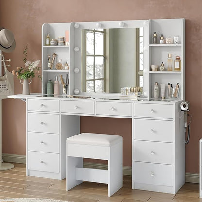 Vanity Desk with Power Outlet, 10 Drawers Makeup Vanity with Mirror and Lights, 3 Colors Adjustable, Fold-up Panel, Glass Top Vanity Set for Bedroom