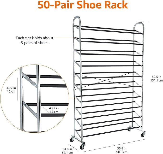 Amazon Basics 50-Pair Shoe Rack Organizer, Chrome, 35.8 x 14.6 x 59.5 inches